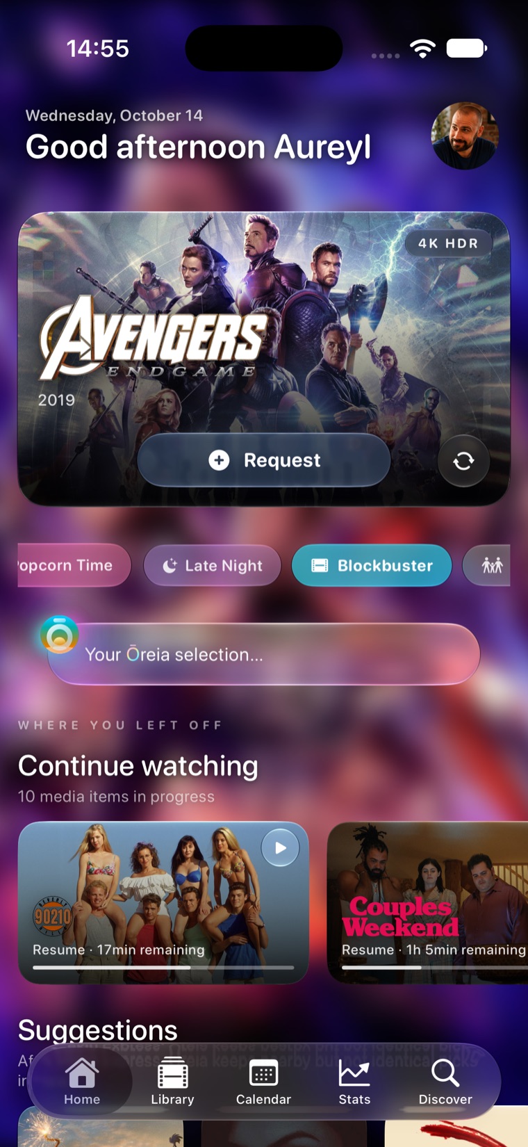 Ōreia home screen in Blockbuster mood featuring Avengers: Endgame